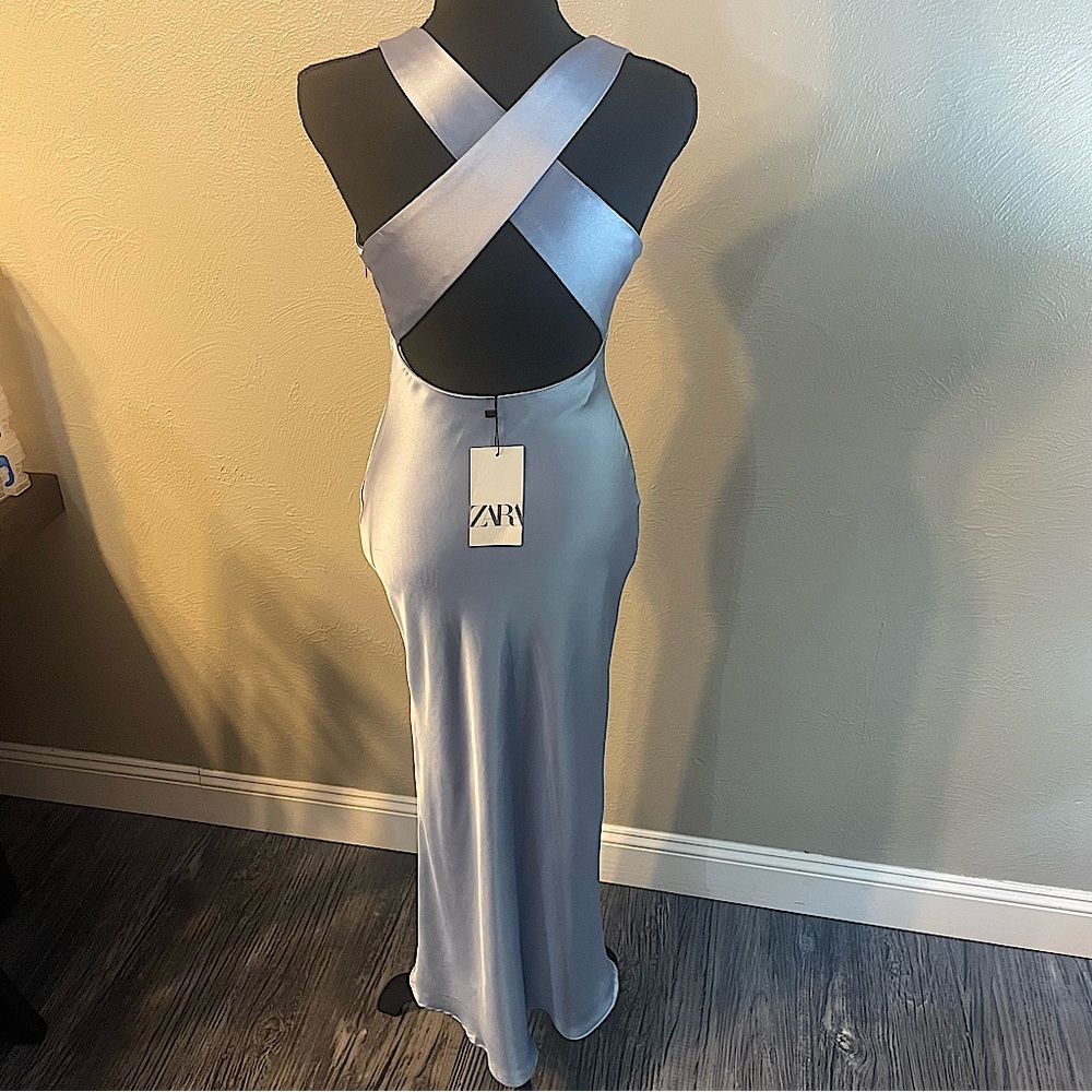 Zara Light Blue Satin Midi Dress with Crisscross Back